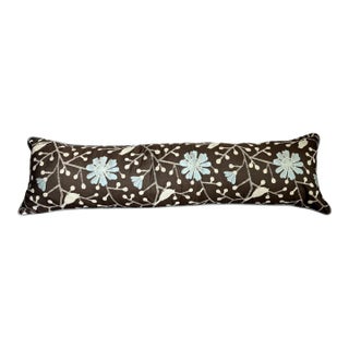 Long Lumbar Botanical Bird Accent Pillow in Chocolate Brown & Pale Blue For Sale