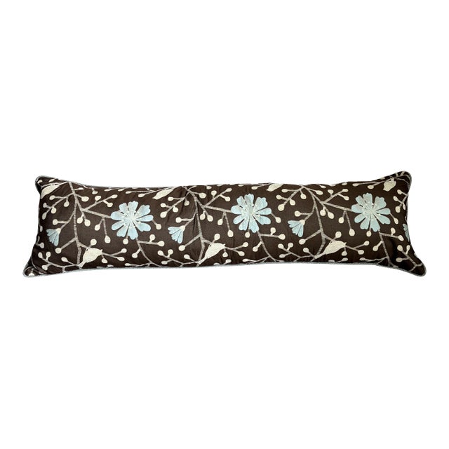 Long Lumbar Botanical Bird Accent Pillow in Chocolate Brown & Pale Blue For Sale
