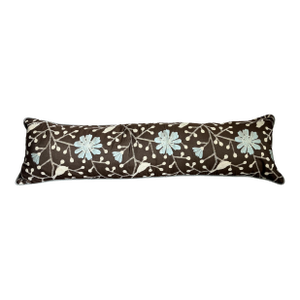 Long Lumbar Botanical Bird Accent Pillow in Chocolate Brown & Pale Blue
