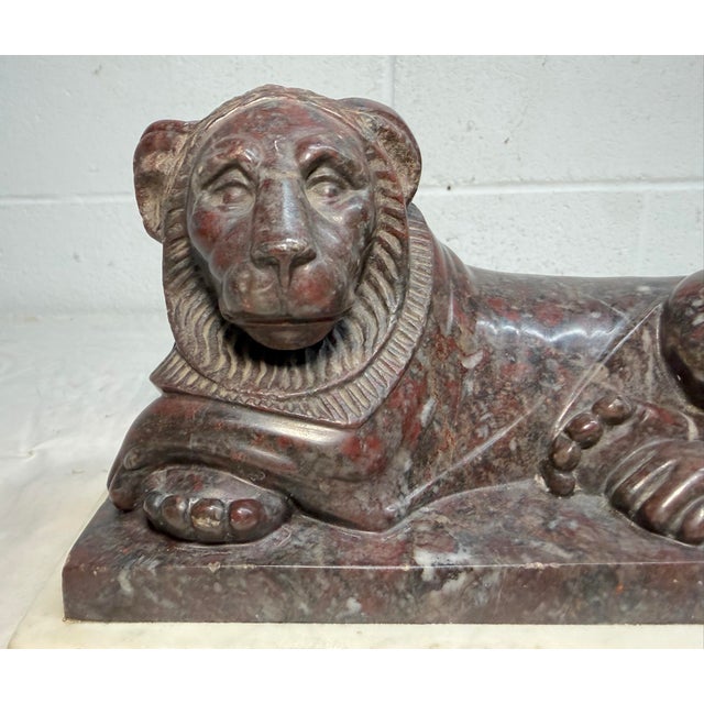 Antique Hand Carved 19th Century Reclining Lion Solid Marble Sculpture Statue For Sale In New York - Image 6 of 16