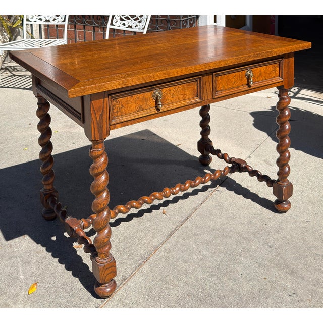 Baker Furniture Company Baker Furniture English Oak & Burl Wood Barley Twist Writing Desk For Sale - Image 4 of 7