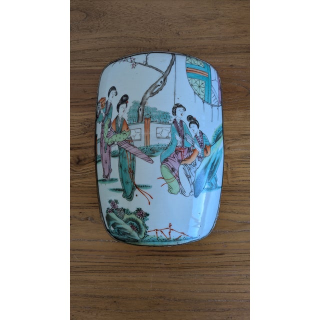 Beautiful antique Chinese porcelain Shard Box depicting 4 smiling women, in a garden. The box is made out of thin tin...