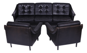 Black Leather Sofa and 2 Armchairs, Germany, 1960s, Set of 3