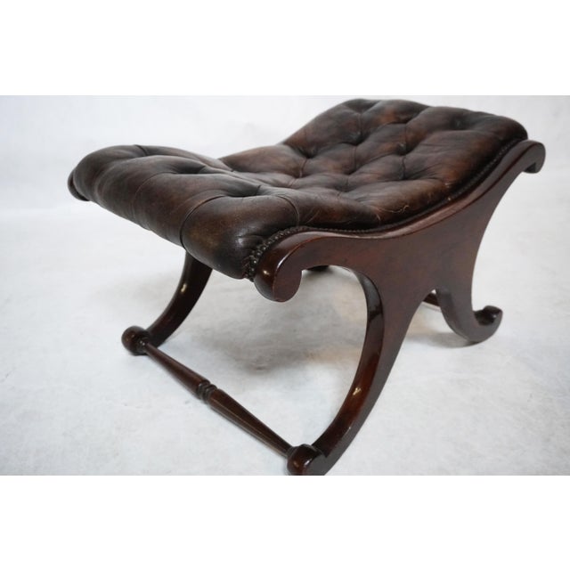 Wood 1920s Brown Leather Chesterfield Tufted Stool For Sale - Image 7 of 16