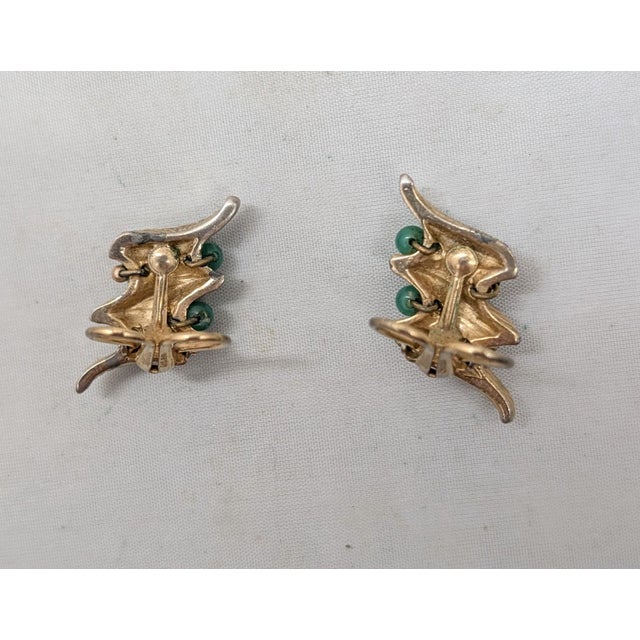 Vintage 1964 Napier Book Piece Goldtone Faux-Jade Clip Earrings- 2 Pieces For Sale - Image 9 of 11