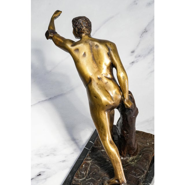 Commanding Vintage Borghese Gladiator Statue Cast Metal Sculpture Statue Marble Base Mid Century Modern Grand Tour Neoclassical For Sale - Image 12 of 15