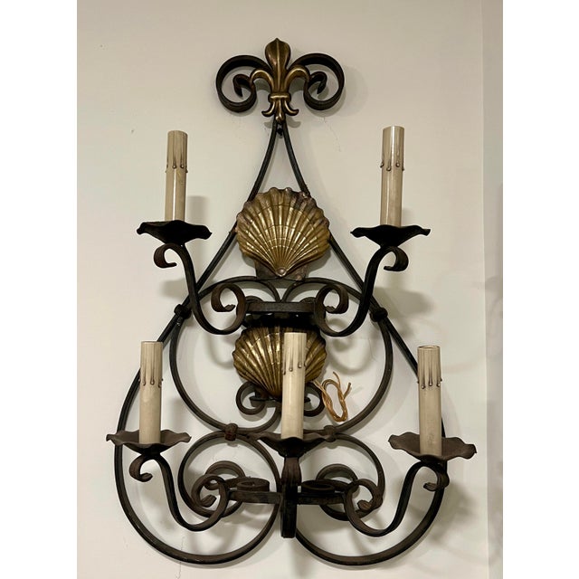 Large Pair of Early 20th Century Iron Sconces With Shell Accents For Sale - Image 4 of 4