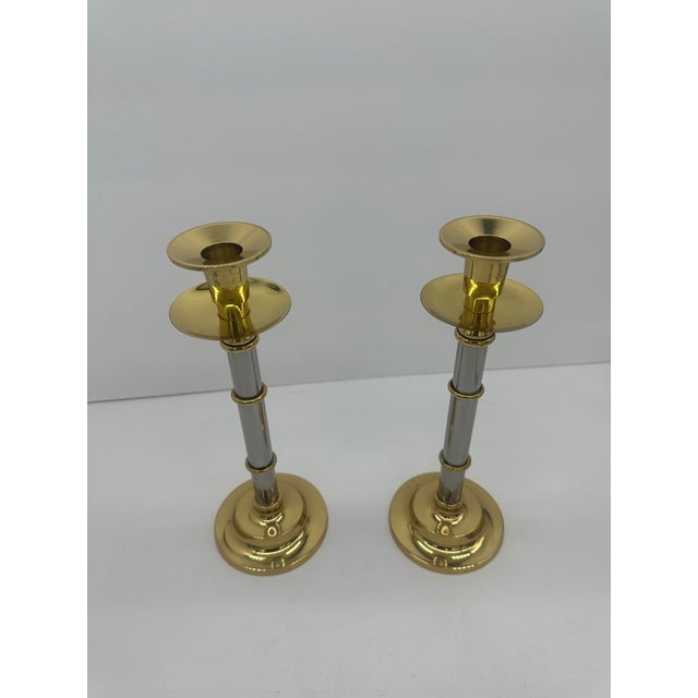 Contemporary Modern Mixed Metal Chrome and Brass Candlesticks - A Pair For Sale - Image 3 of 4