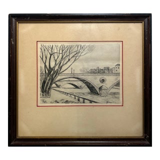 Mid 20th Century Engraving Sketch of Paris Bridges For Sale