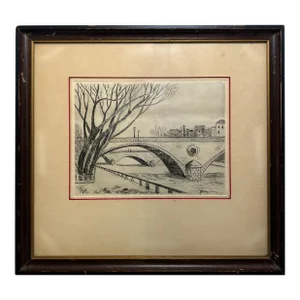 Mid 20th Century Engraving Sketch of Paris Bridges