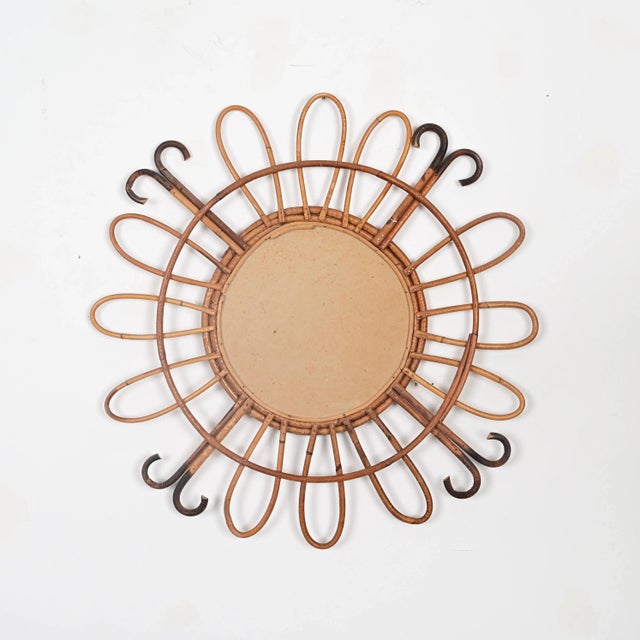 Gold Mid-Century French Riviera Round Sunburst Mirror in Curved Rattan, France, 1970s For Sale - Image 8 of 11