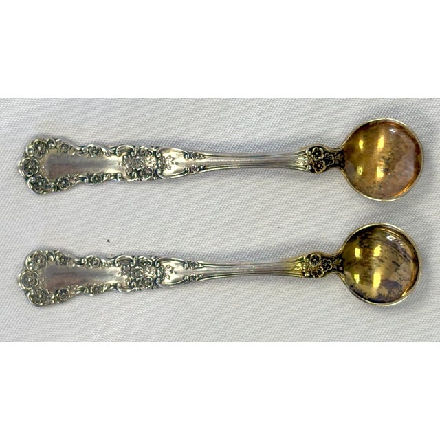 Shabby Chic Antique Gorham 'Buttercup' Pattern Sterling Silver Salt Spoons- a Pair For Sale - Image 3 of 12