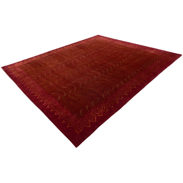 Contemporary Tibetan Wool & Silk Rug in Crimson and Gold With Art Deco Boder For Sale - Image 11 of 11