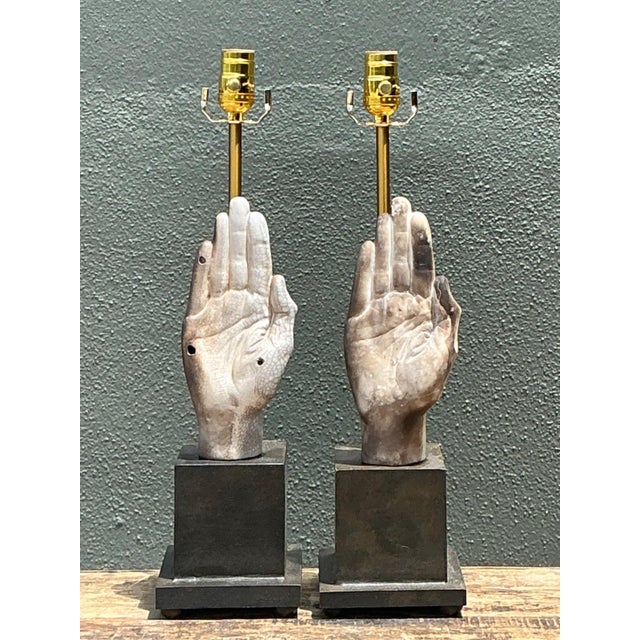 Off-white Vintage Ceramic Hand Sculpture Table Lamps - A Pair For Sale - Image 8 of 16
