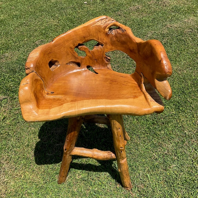 Vintage Handcrafted Rustic Live Edge Log Dining Set With Four Sculpted Wood Chairs For Sale - Image 9 of 16