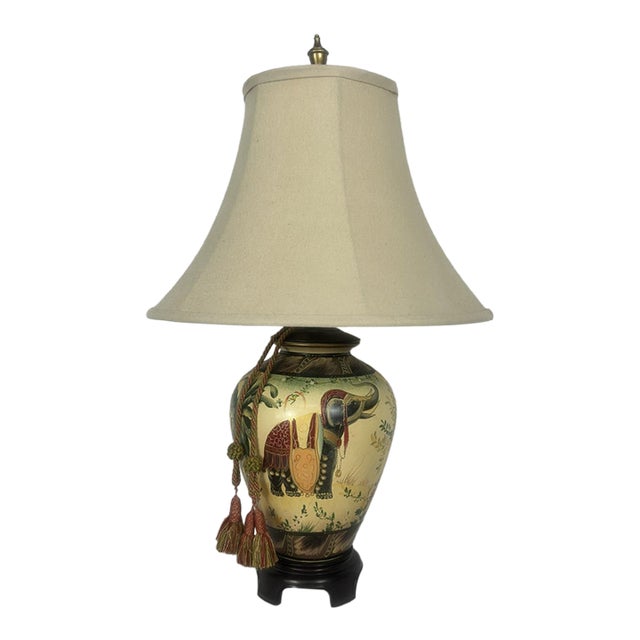 1980s Asian Hand Painted Tropical Elephant Table Lamp With Shade For Sale