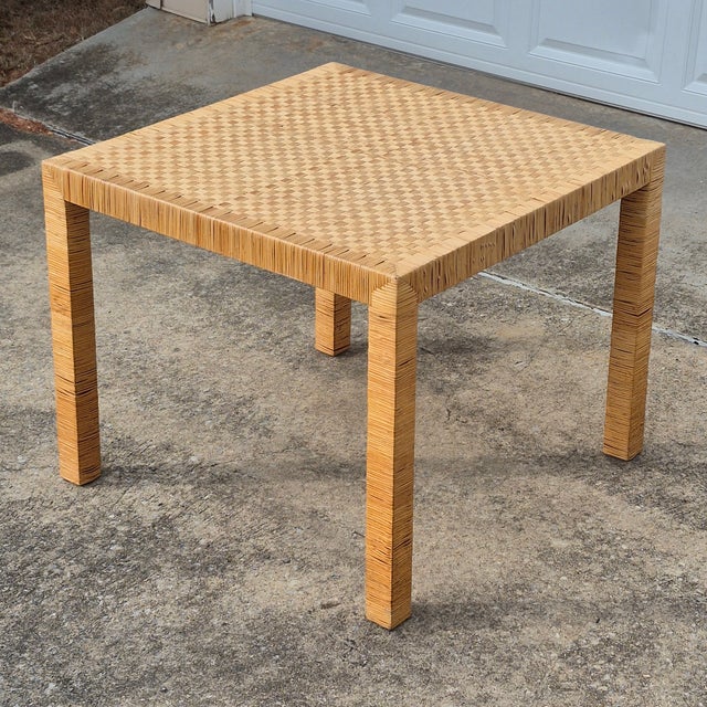 1970s Rattan Wrapped 36” Square Dining Table, After Bielecky Bros For Sale - Image 11 of 11