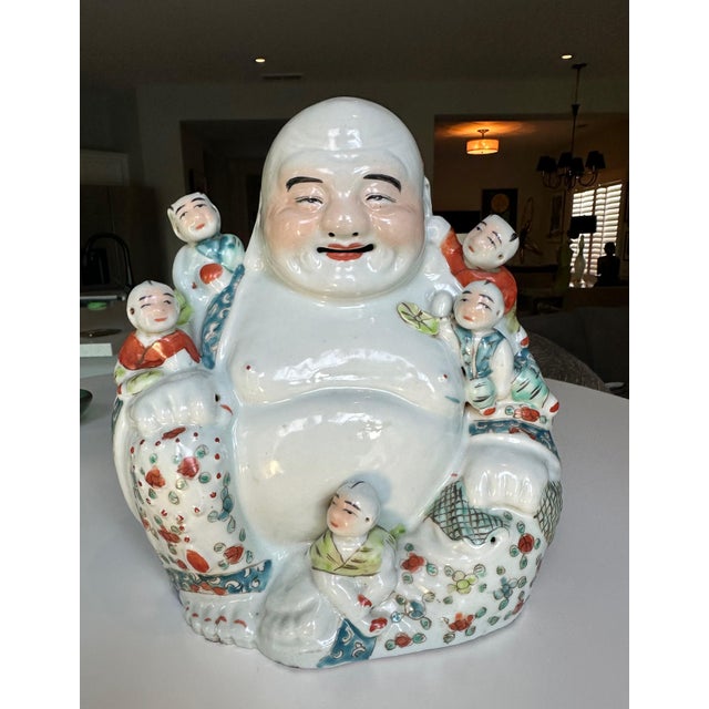 Asian Antique Qing Chinese Famille Rose Porcelain Statue Laughing Buddha For Sale - Image 3 of 17