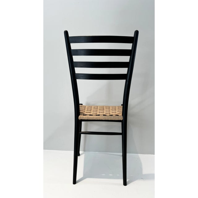 Black Set of Six Italian Gio Ponti Style Black Wood Ladder Back Dining Chairs With Danish Cord Woven Seats For Sale - Image 8 of 9