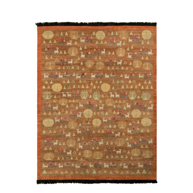 Mid-Century Modern Rug & Kilim Classic Pictorial Folk Art Style Runner, Beige-Brown, Orange Border, 3x8 For Sale - Image 3 of 3