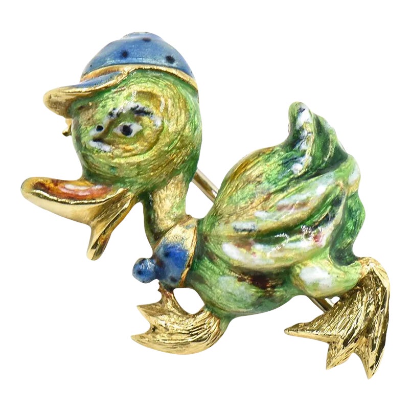 Italian Adorable Strutting Enamel Duck with Cap Brooch | Chairish