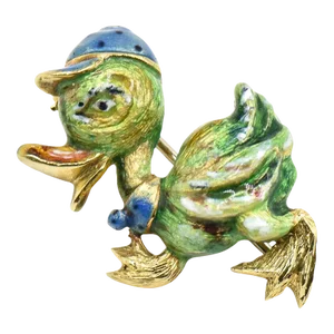 Italian Adorable Strutting Enamel Duck with Cap Brooch