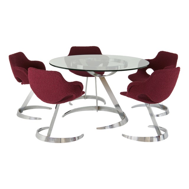 Sculptural Scimitar Dining Table and Chairs in Burgundy Bouclé by Boris Tabacoff for Mobilier Modulaire Moderne, 1970s, Set of 6 For Sale