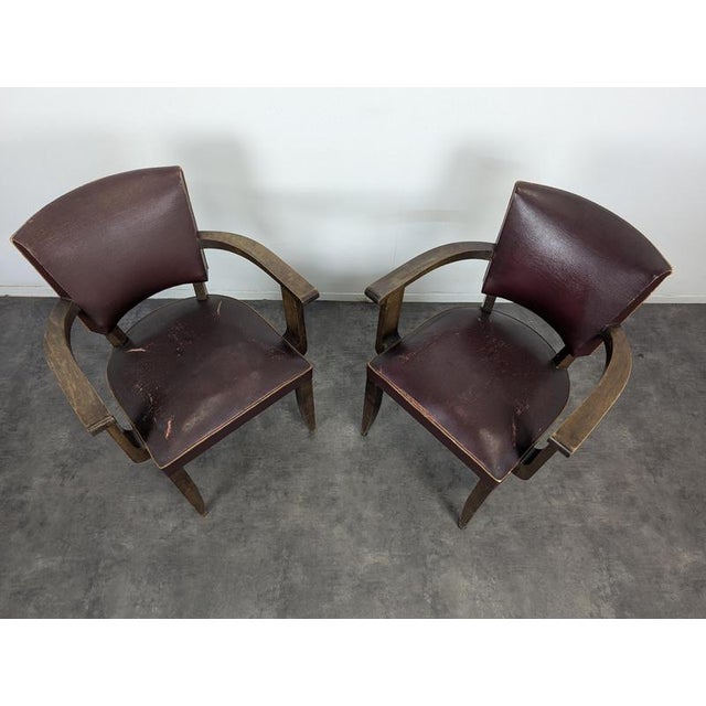 1940s Bridge Chairs in Oak and Burgundy Imitation Leather, 1940s, Set of 2 For Sale - Image 5 of 8