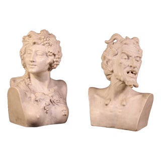 Satyr and Bacchante, 1880, White Marble Sculptures, Set of 2 For Sale