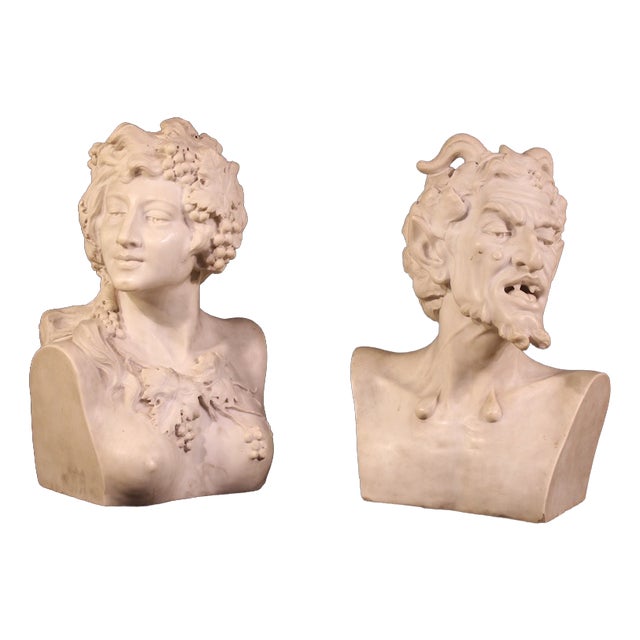 Satyr and Bacchante, 1880, White Marble Sculptures, Set of 2 For Sale