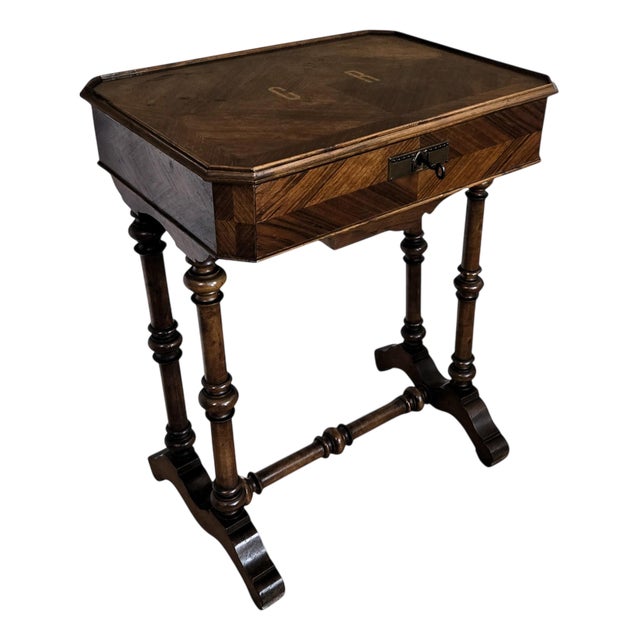 Antique Italian Inlaid Veneer Wood Sewing Side Table with Bobbin Barley Twist Legs, 1890s For Sale