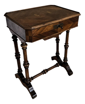 Antique Italian Inlaid Veneer Wood Sewing Side Table with Bobbin Barley Twist Legs, 1890s