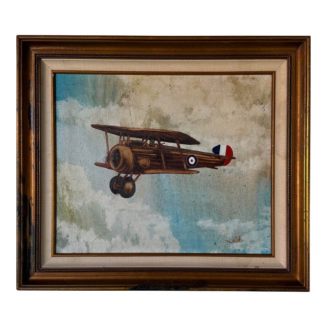 Vintage M. Watson Aircraft Oil on Canvas Painting in Wood Frame For Sale