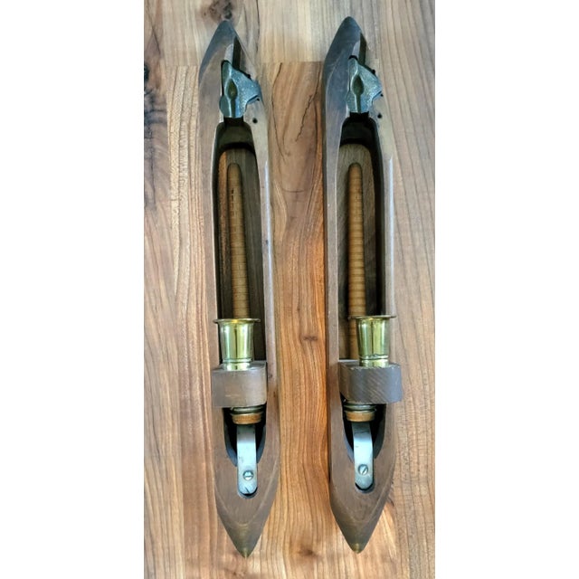 Set of Two Late 20th Century Primitive Wood Weaving Shuttle Candlestick Holder Wall Sconces Rustic Farmhouse For Sale - Image 13 of 13