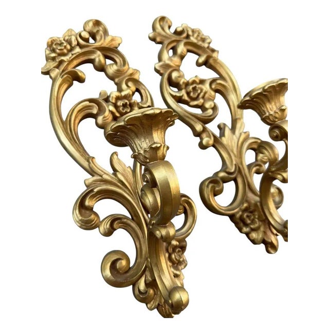 1970s Vintage 1971 Homco #4138 Gold Rococo Floral Candle Sconces, Pair | Hollywood Regency For Sale - Image 5 of 6