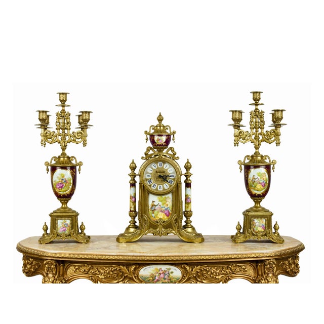 Mid 20th Century Imperial Gilt Brass Frame With Porcelain Plaques Mantle Clock & Five-Light Candelabra Set - 3 Pieces Italy For Sale - Image 16 of 17