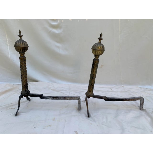 1960s Vintage 1960s Wrought Iron and Brass Andirons- a Pair For Sale - Image 5 of 10