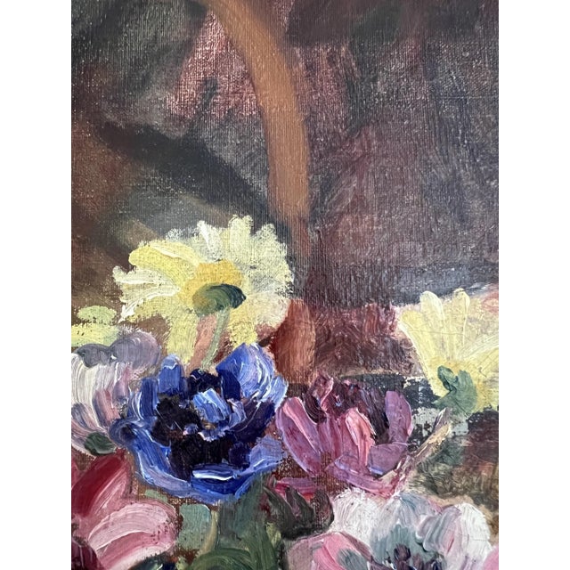 Charles Beer, Bouquet of Flowers in Vase on an Armchair, 1920s, Oil on Canvas For Sale - Image 4 of 10
