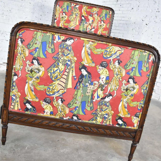 Antique French Carved Walnut and Upholstered Twin Bed With Asian Figural Fabric For Sale - Image 9 of 12
