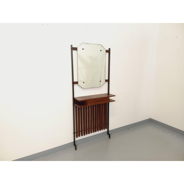 Mid-Century Italian Hall Cabinet in Teak and Metal with Mirror, Shelves and Drawer, 1950s-1960s For Sale - Image 16 of 16