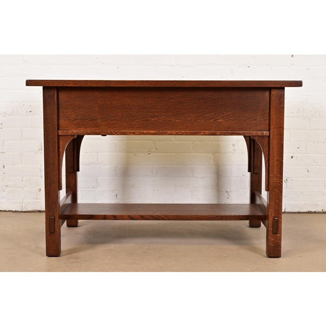 Early 20th Century Stickley Brothers Style Antique Mission Oak Arts & Crafts Writing Desk or Library Table, Newly Refinished For Sale - Image 11 of 12
