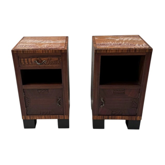 Stunning and elegant pair of Art Deco nightstands or bedside tables. Striking French design from the 1930s. Solid walnut...
