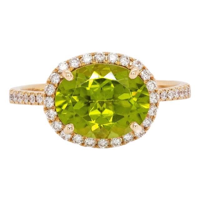Oval 10x8mm Arizona Green Peridot Ring in 14k Solid Gold W Earth Mined Diamonds, Size 6.75 For Sale