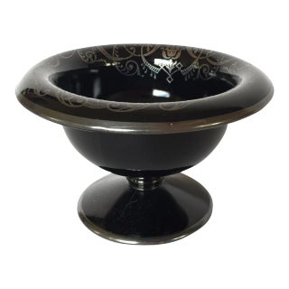 Art Deco Black Glass Candy Dish With Sterling Silver For Sale