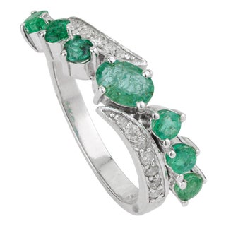 Hallmarked 925 Silver Natural 1.26 Ct Emerald & Diamond Wave Ring Size 5.5 For Sale