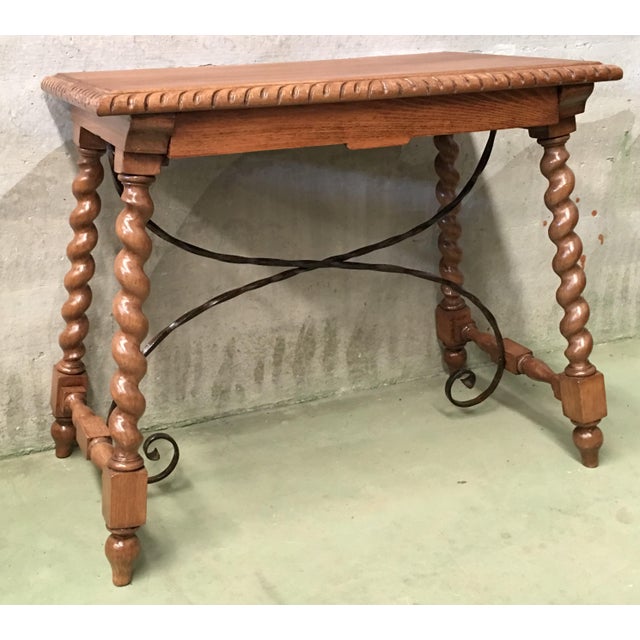 19th Spanish Farm Table With Iron Stretchers, Hand-Carved Top and Drawer For Sale - Image 4 of 13