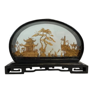 1930s Vintage Chinoiserie Diorama Encased Hand Carved Wood Pagoda, Trees & Cranes Landscape. For Sale