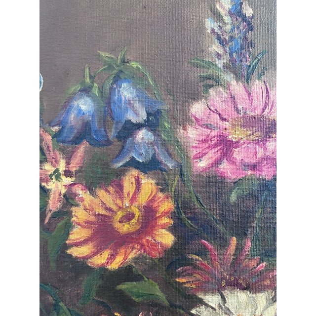 Pink Vintage Original Floral Oil Painting With Blue and White Vase For Sale - Image 8 of 15