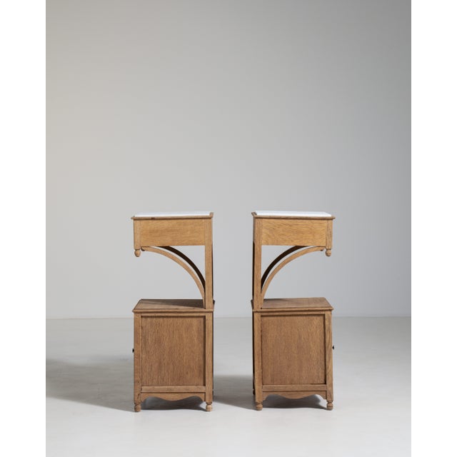 1900 - 1909 Pair of Eclectic Oak Side Tables with Marble Tops, Antique, France, Circa 1900 For Sale - Image 5 of 15