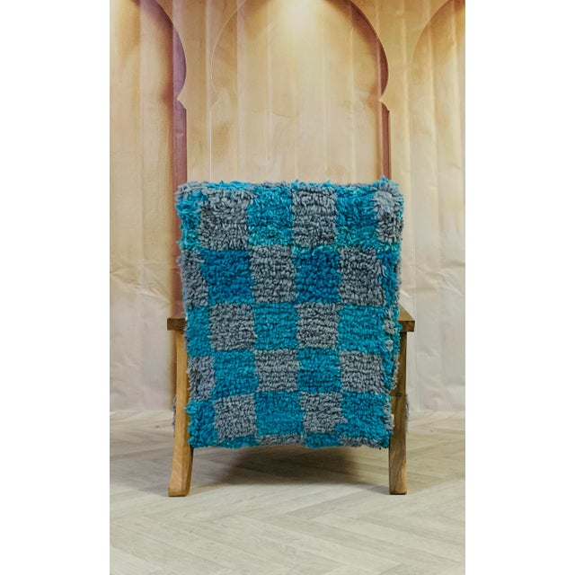 Handmade Moroccan Checkered Blue Turquoise and Gray Wool Chair For Sale - Image 9 of 10